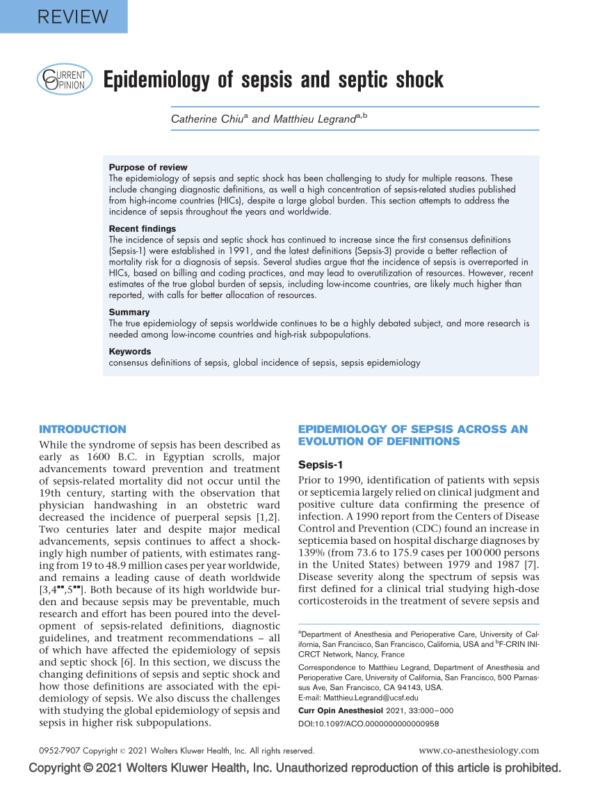 (PDF) Epidemiology of sepsis and septic shock