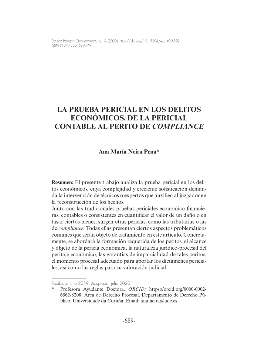 PDF) La prueba pericial en los delitos económicos. De la pericial contable  al perito de compliance