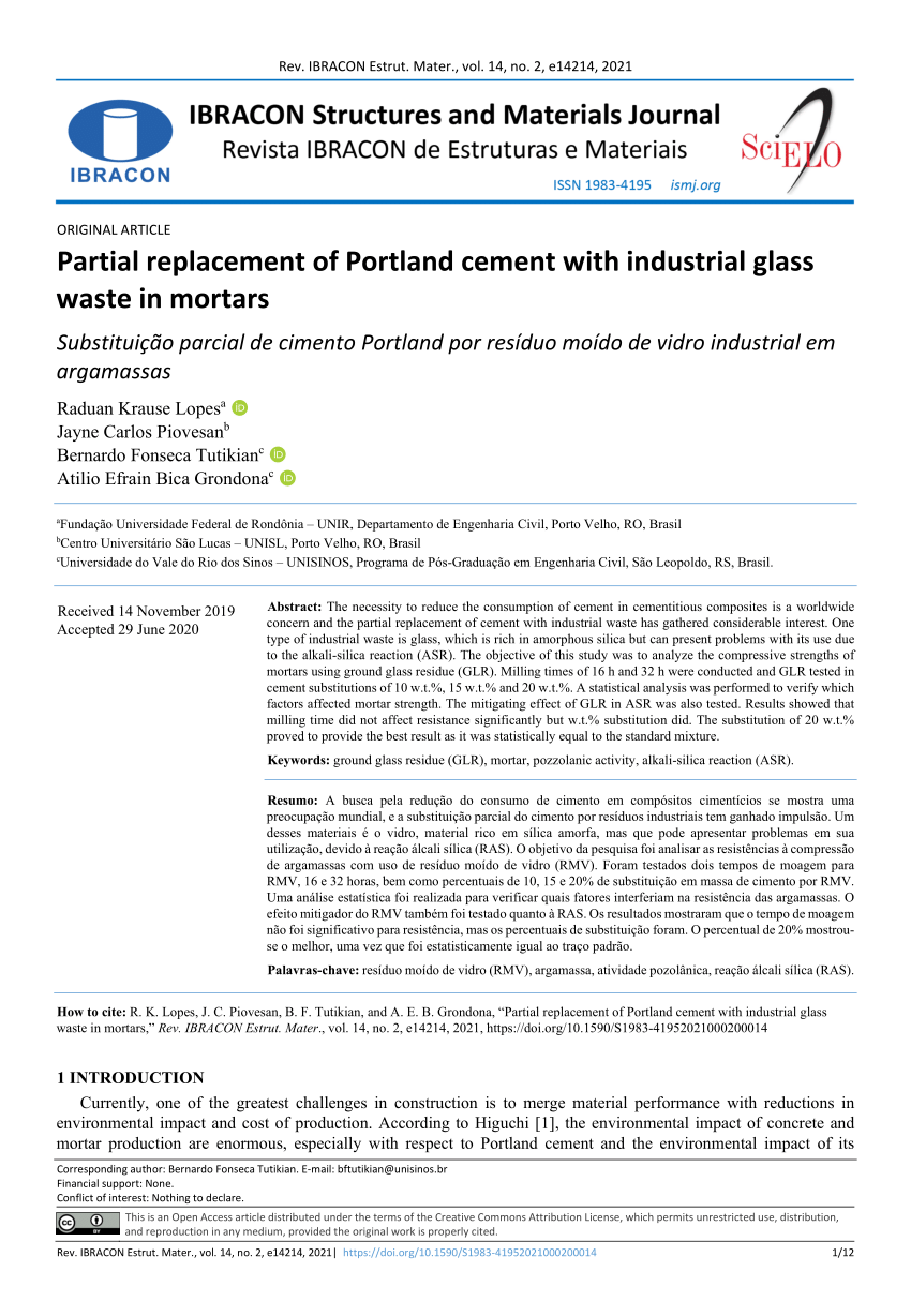 Pdf Partial Replacement Of Portland Cement With Industrial Glass Waste In Mortars