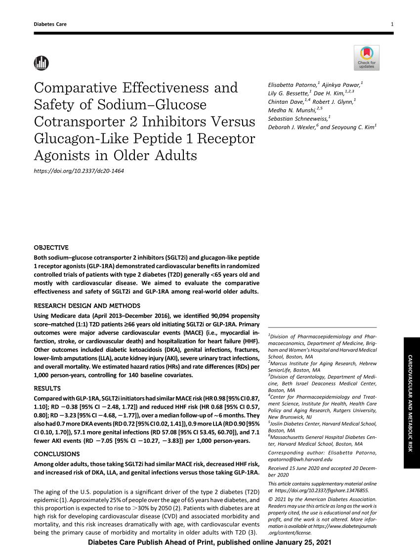 Pdf Comparative Effectiveness And Safety Of Sodium Glucose Cotransporter 2 Inhibitors Versus Glucagon Like Peptide 1 Receptor Agonists In Older Adults