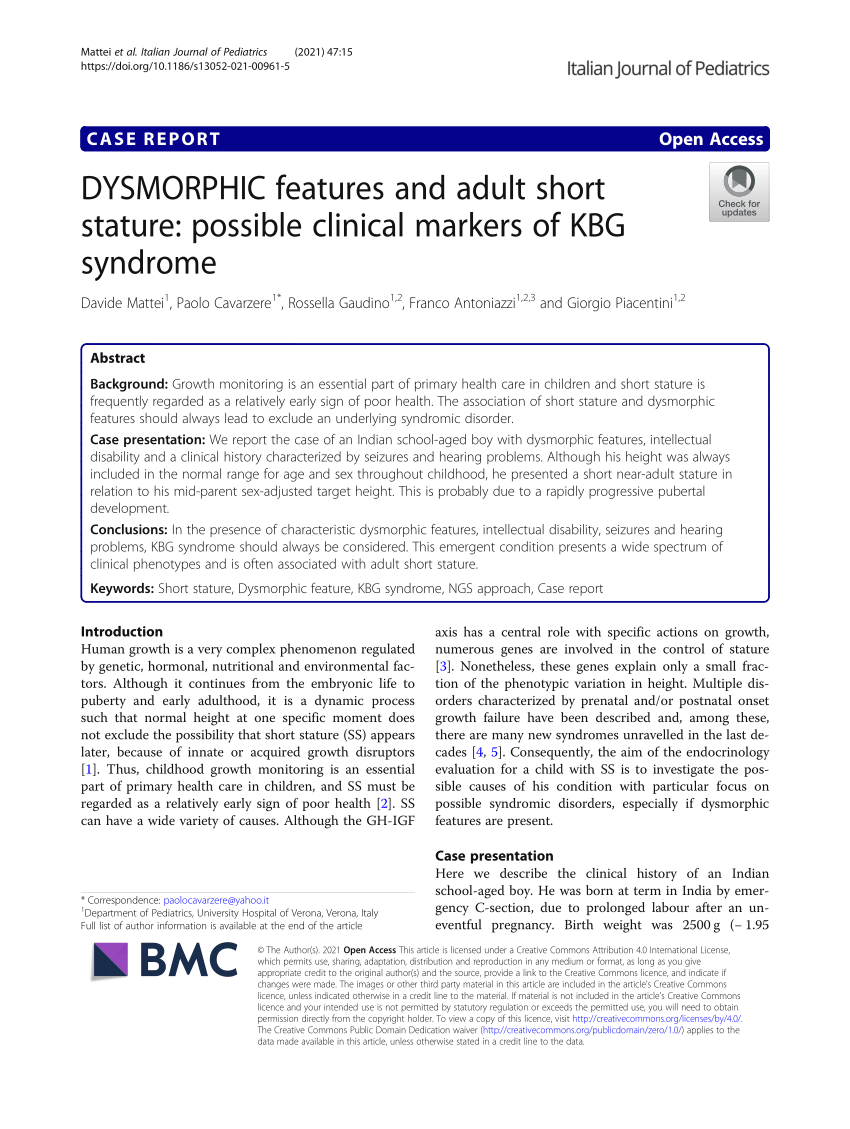 Pdf Dysmorphic Features And Adult Short Stature Possible Clinical Markers Of Kbg Syndrome 