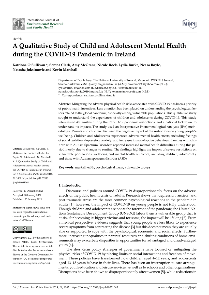 Pdf A Qualitative Study Of Child And Adolescent Mental Health During The Covid 19 Pandemic In Ireland