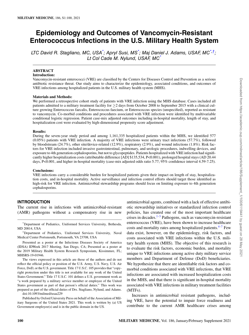 Pdf Epidemiology And Outcomes Of Vancomycin Resistant Enterococcus Infections In The Us 