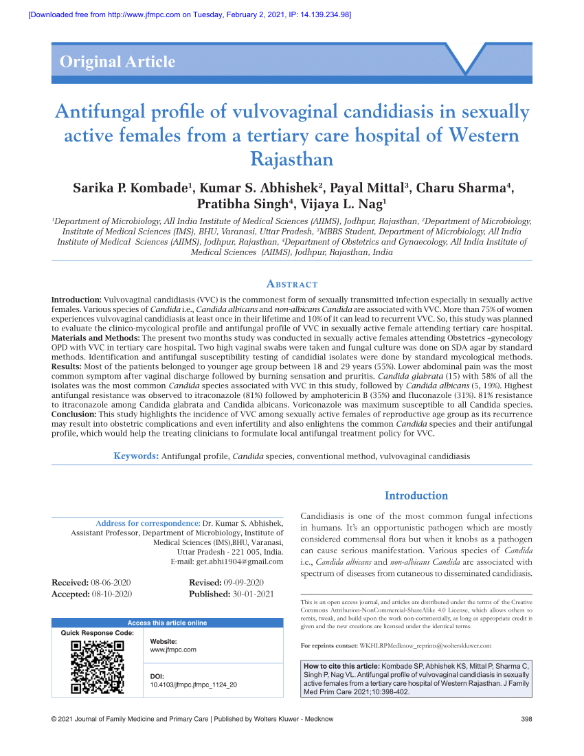Pdf Antifungal Profile Of Vulvovaginal Candidiasis In Sexually Active Females From A Tertiary 
