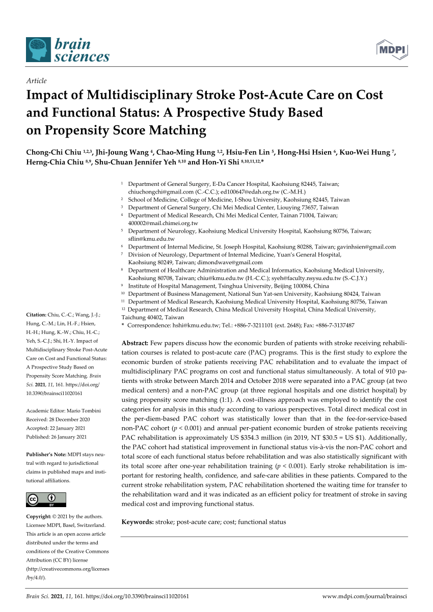 Pdf Impact Of Multidisciplinary Stroke Post Acute Care On Cost And Functional Status A Prospective Study Based On Propensity Score Matching