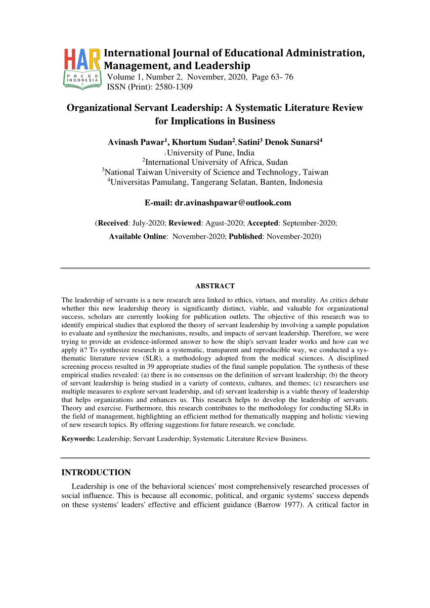 systematic literature review of servant leadership theory in organizational contexts