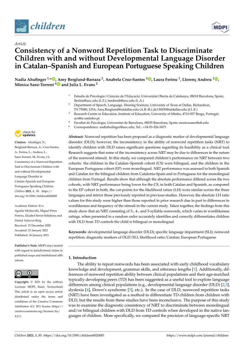 Pdf Consistency Of A Nonword Repetition Task To Discriminate Children With And Without Developmental Language Disorder In Catalan Spanish And European Portuguese Speaking Children