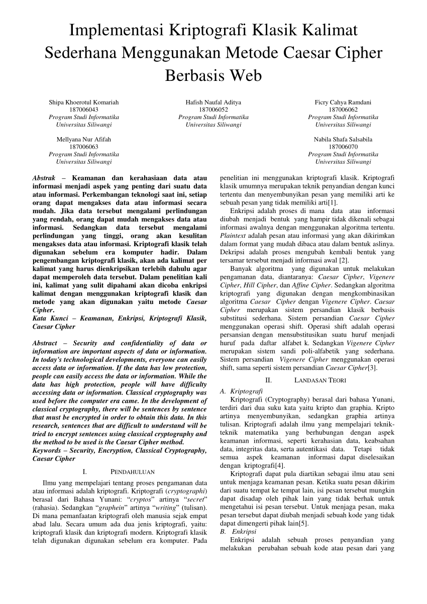 Pdf Implementasi Kriptografi Klasik Kalimat Sederhana Menggunakan Metode Caesar Cipher 0157