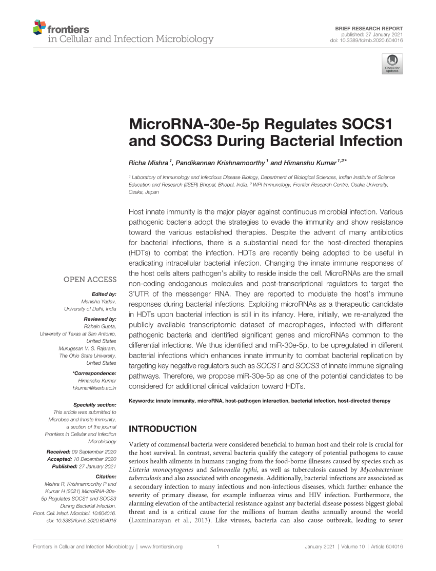 PDF) MicroRNA-30e-5p Regulates SOCS1 and SOCS3 During Bacterial Infection