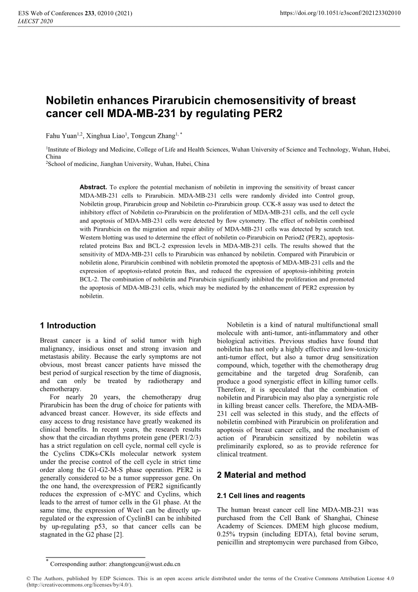 Pdf Nobiletin Enhances Pirarubicin Chemosensitivity Of Breast Cancer Cell Mda Mb 231 By Regulating Per2
