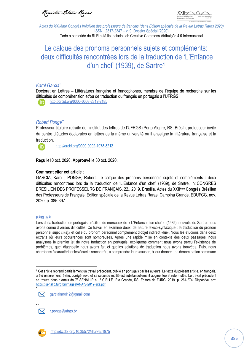 Pdf Le Calque Des Pronoms Personnels Sujets Et Complements Deux Difficultes Rencontrees Lors De La Traduction De L Enfance D Un Chef 1939 De Sartre