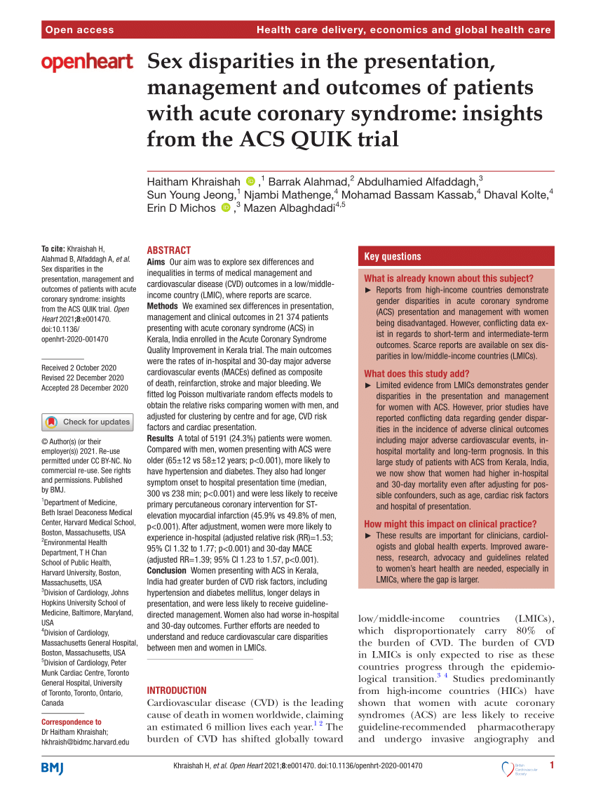 Pdf Sex Disparities In The Presentation Management And Outcomes Of Patients With Acute 