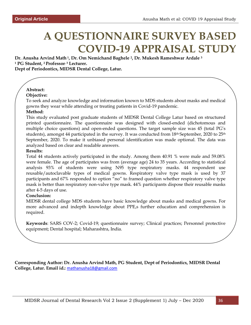 (PDF) A QUESTIONNAIRE SURVEY BASED COVID 19 APPRAISAL STUDY