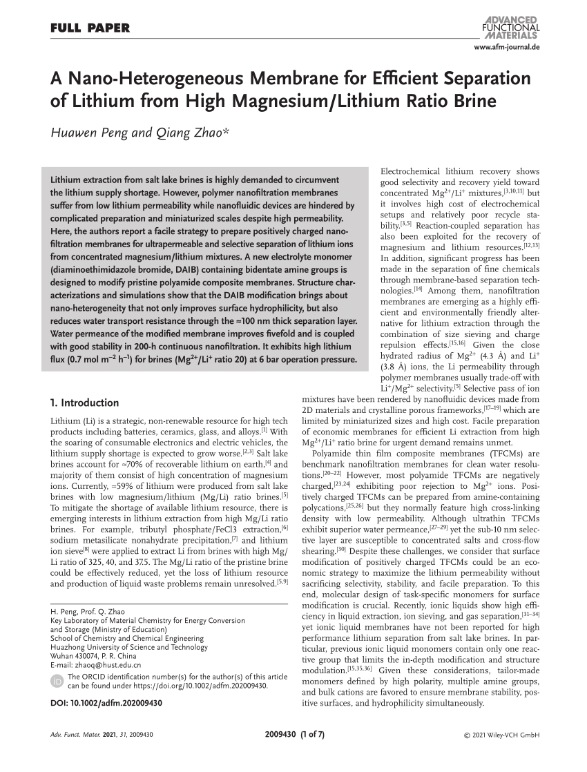 A Nano‐Heterogeneous Membrane for Efficient Separation of Lithium from ...