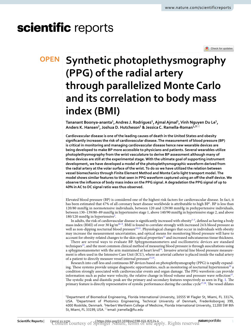 PDF) Synthetic photoplethysmography (PPG) of the radial artery through  parallelized Monte Carlo and its correlation to body mass index (BMI)
