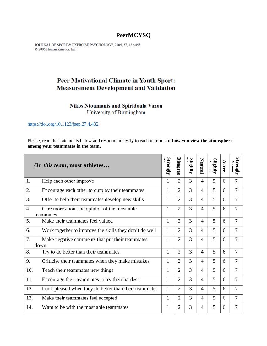 Pdf Peer Motivational Climate In Youth Sport Questionnaire