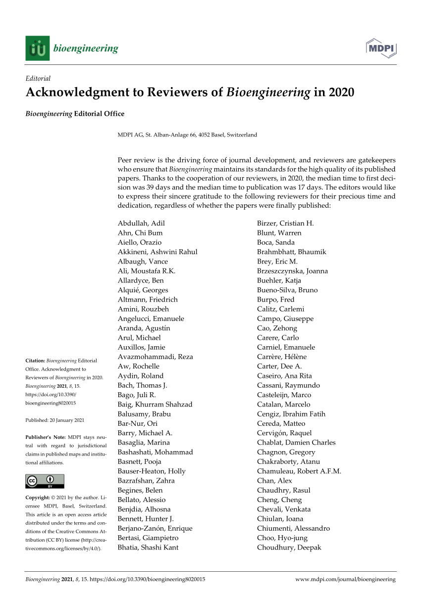 (PDF) Acknowledgment to Reviewers of Bioengineering in 2020