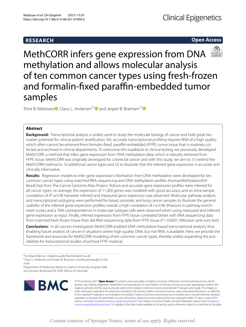 Tag det op Begrænsning syreindhold PDF) MethCORR infers gene expression from DNA methylation and allows  molecular analysis of ten common cancer types using fresh-frozen and  formalin-fixed paraffin-embedded tumor samples