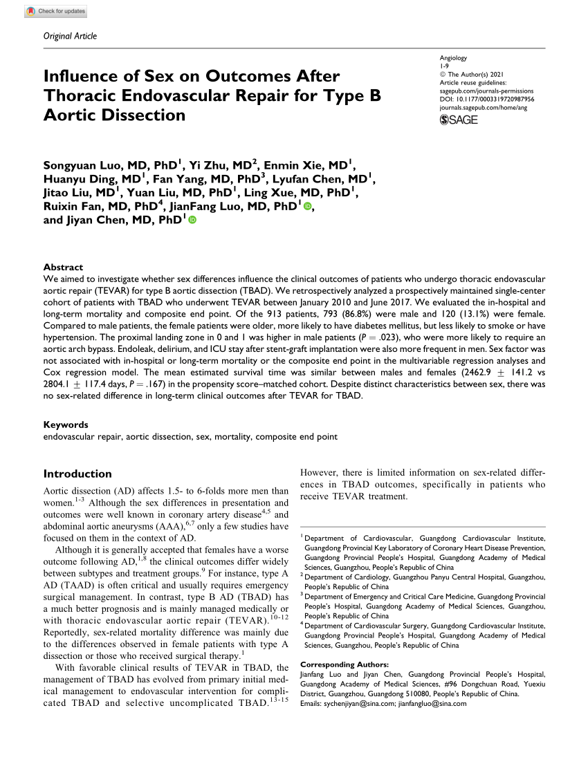 Pdf Influence Of Sex On Outcomes After Thoracic Endovascular Repair For Type B Aortic Dissection 0522