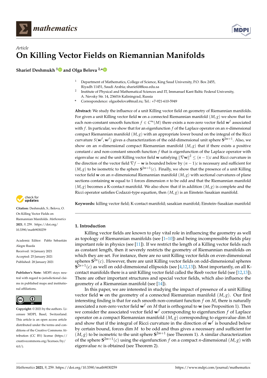 (PDF) On Killing Vector Fields on Riemannian Manifolds