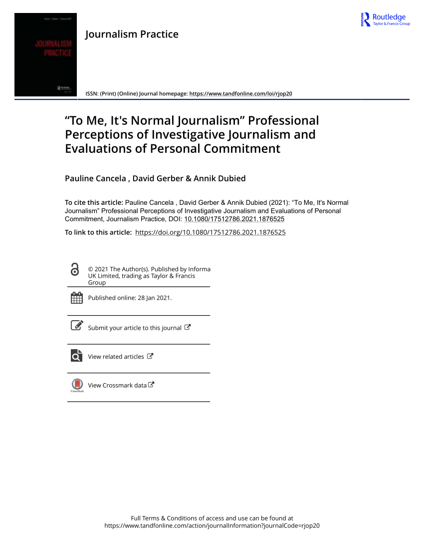 Pdf To Me It S Normal Journalism Professional Perceptions Of Investigative Journalism And Evaluations Of Personal Commitment