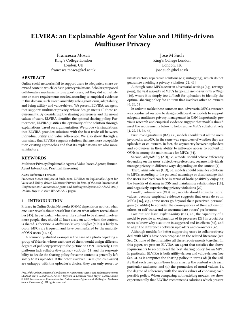 Pdf Elvira An Explainable Agent For Value And Utility Driven Multiuser Privacy