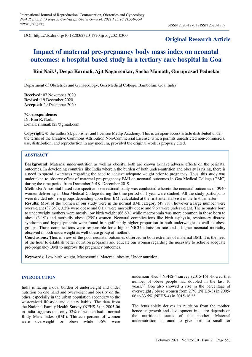 Pdf Impact Of Maternal Pre Pregnancy Body Mass Index On Neonatal Outcomes A Hospital Based 1716