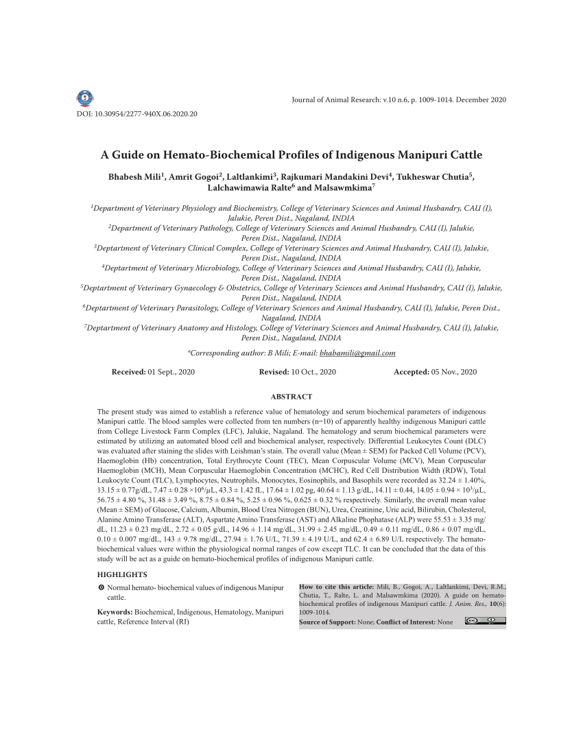 PDF) A Guide on Hemato-Biochemical Profiles of Indigenous Manipuri Cattle