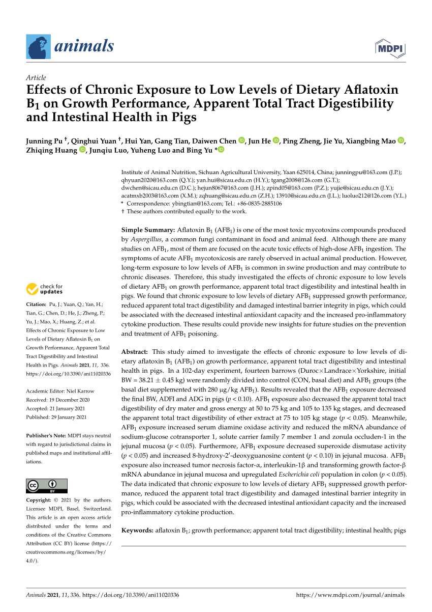 Pdf Effects Of Chronic Exposure To Low Levels Of Dietary Aflatoxin B1 On Growth Performance Apparent Total Tract Digestibility And Intestinal Health In Pigs