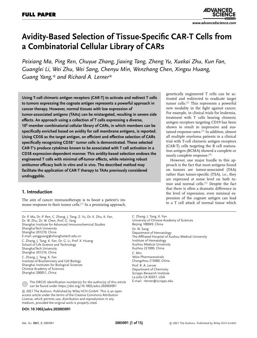 Pdf Avidity Based Selection Of Tissue Specific Car T Cells From A Combinatorial Cellular Library Of Cars