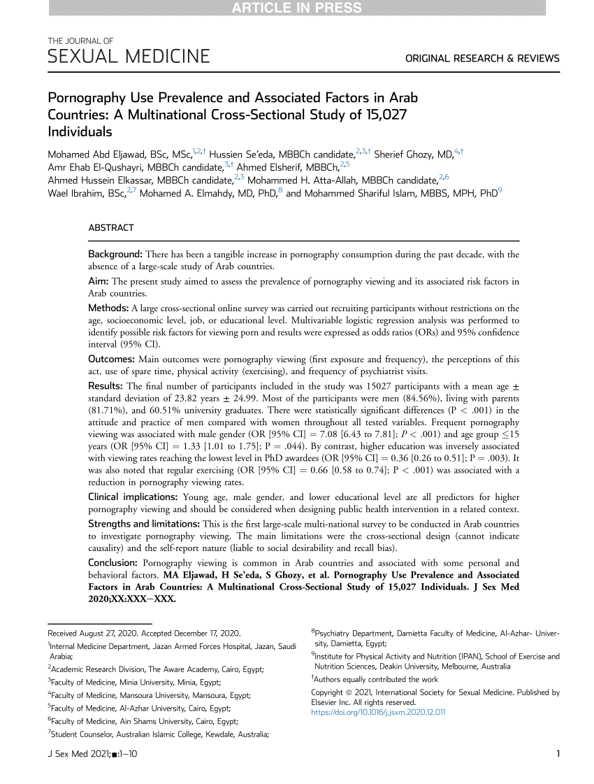 PDF) Pornography Use Prevalence and Associated Factors in Arab Countries A Multinational Cross-Sectional Study of 15,027 Individuals