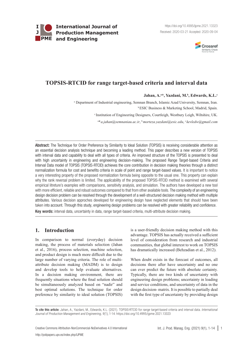 Pdf Topsis Rtcid For Range Target Based Criteria And Interval Data