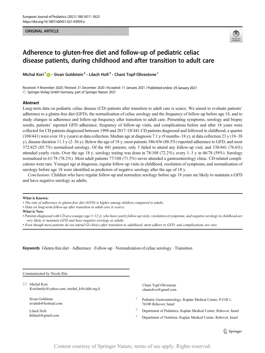 Adherence To Gluten Free Diet And Follow Up Of Pediatric Celiac Disease Patients During 7386