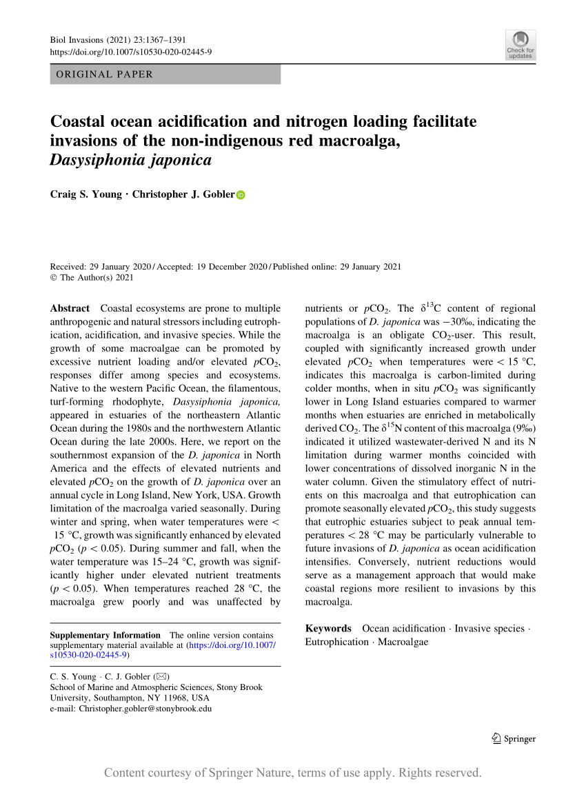 Pdf Coastal Ocean Acidification And Nitrogen Loading Facilitate Invasions Of The Non Indigenous Red Macroalga Dasysiphonia Japonica