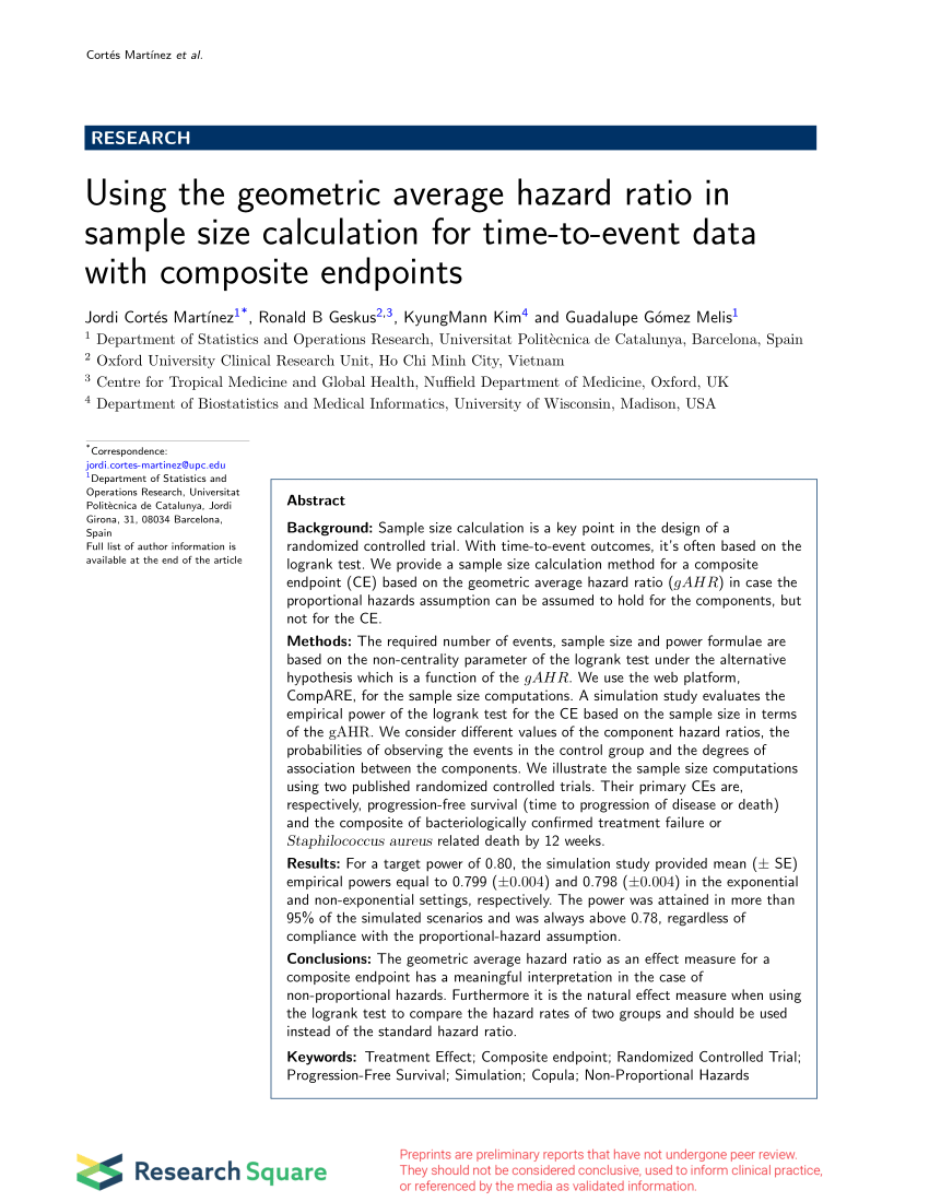 Pdf Using The Geometric Average Hazard Ratio In Sample Size Calculation For Time To Event Data With Composite Endpoints