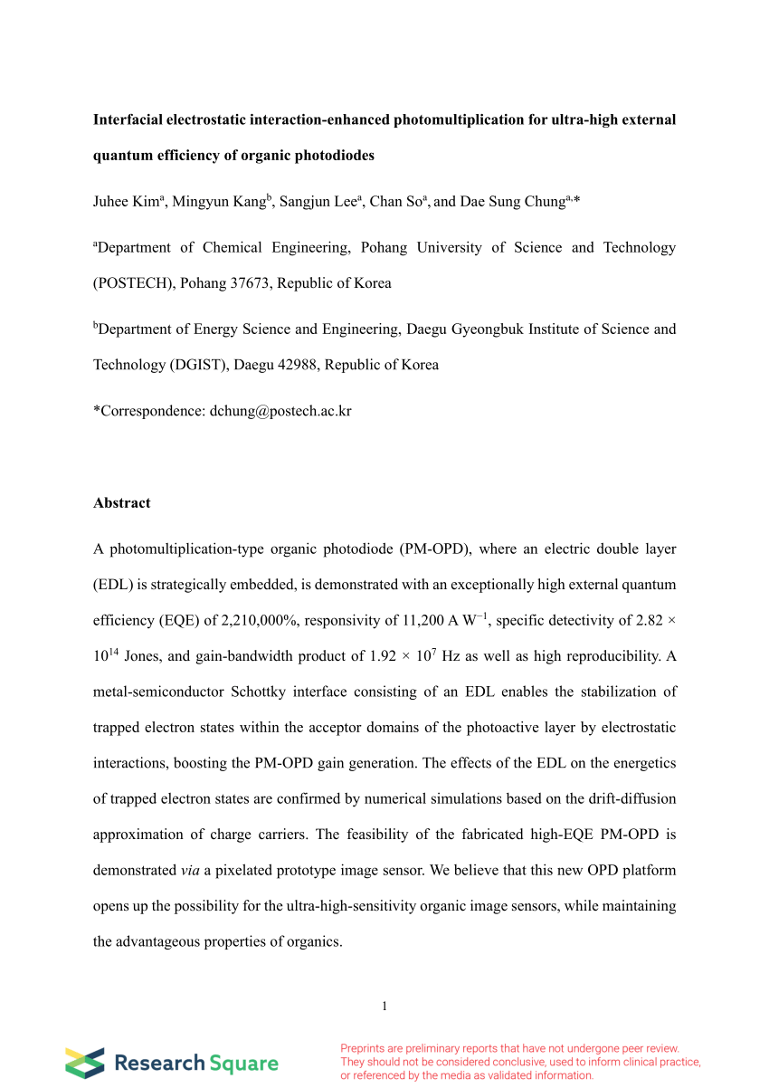 Optimizing ionic strength of interfacial electric double layer for  ultrahigh external quantum efficiency of photomultiplication-type organic  photodetectors - Journal of Materials Chemistry C (RSC Publishing)