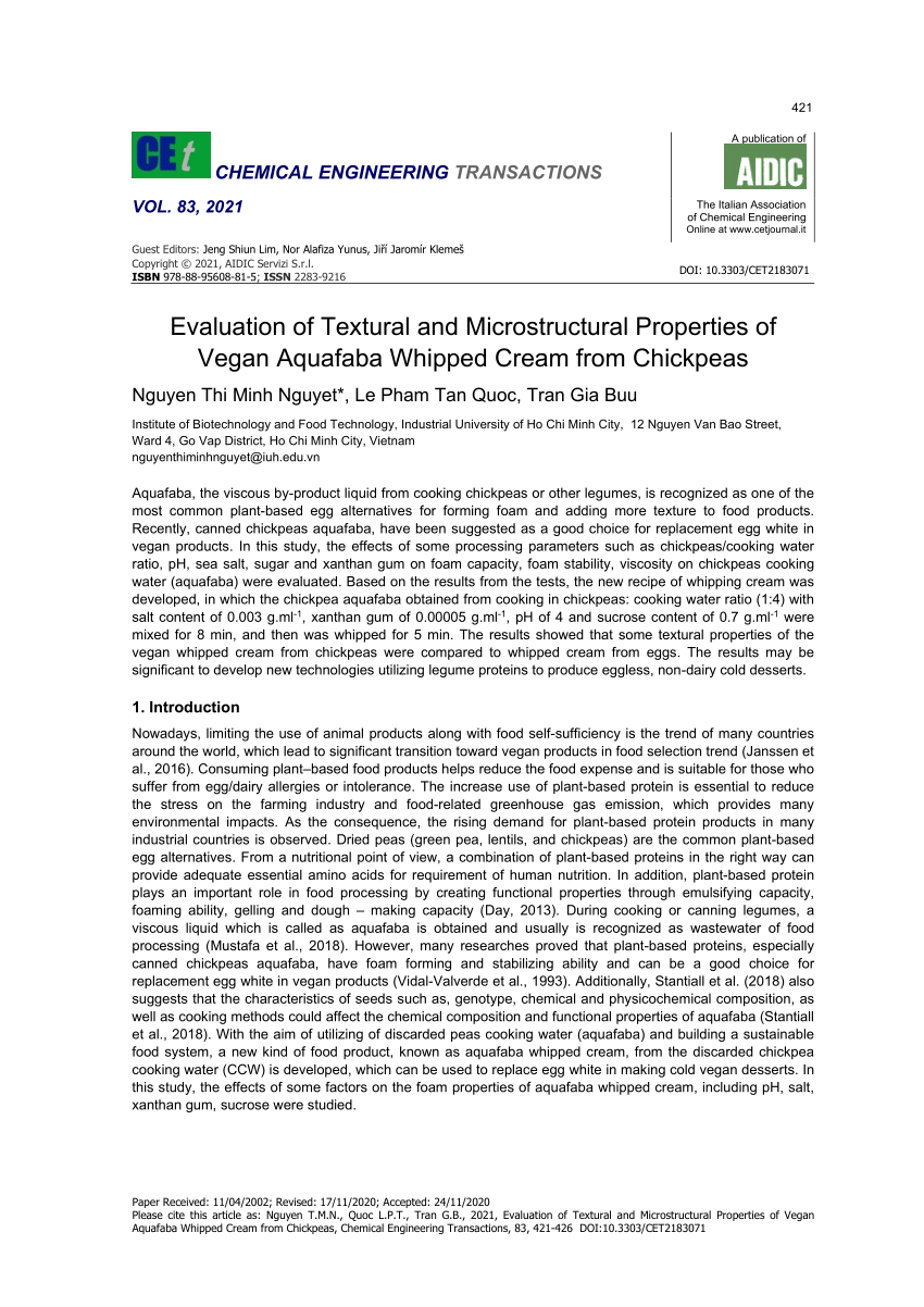 Pdf Evaluation Of Textural And Microstructural Properties Of Vegan Aquafaba Whipped Cream From Chickpeas