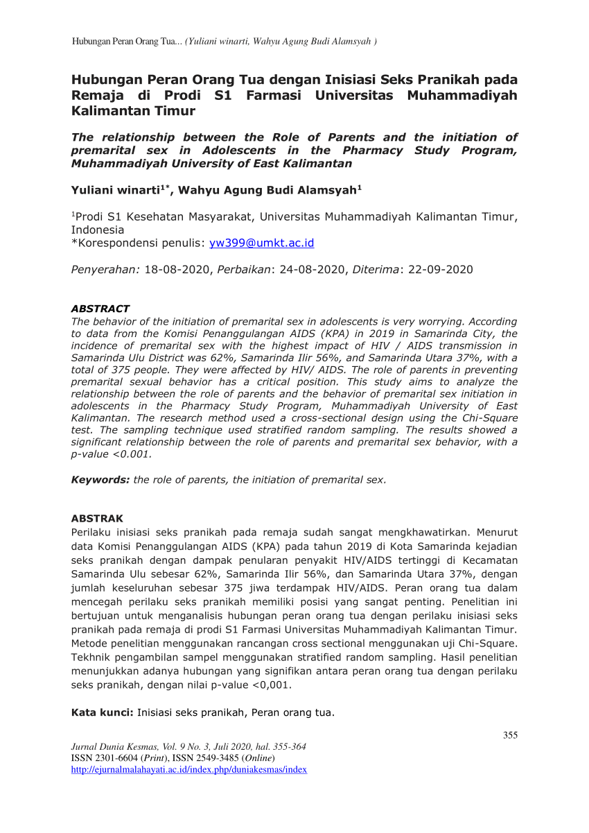 PDF) Hubungan Peran Orang Tua dengan Inisiasi Seks Pranikah pada Remaja di  Prodi S1 Farmasi Universitas Muhammadiyah Kalimantan Timur