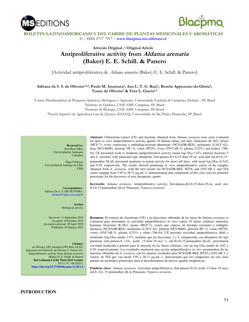 PDF Antiproliferative activity from Aldama arenaria Baker E. E