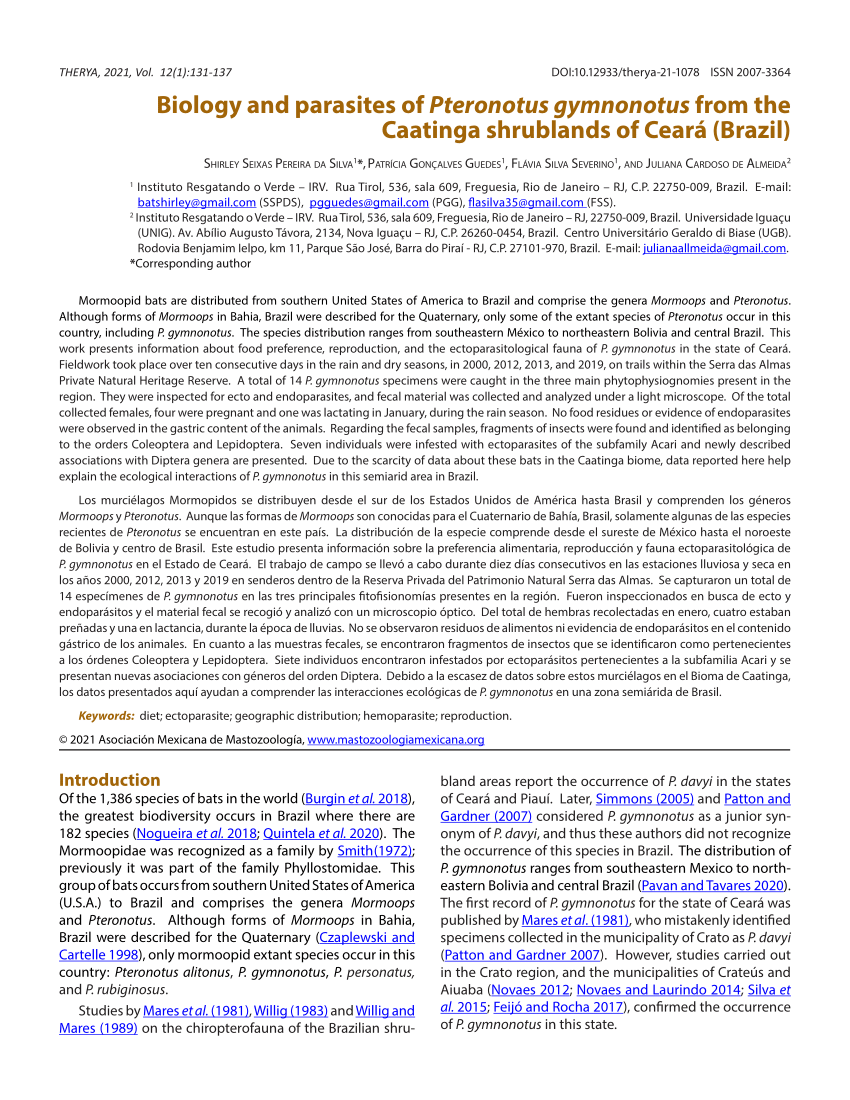 PDF) Biology and parasites of Pteronotus gymnonotus from the Caatinga  shrublands of Ceará (Brazil)