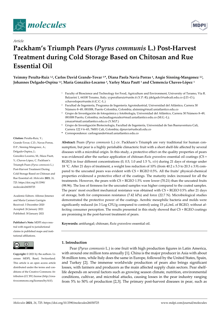 Pdf Packham S Triumph Pears Pyrus Communis L Post Harvest Treatment During Cold Storage Based On Chitosan And Rue Essential Oil