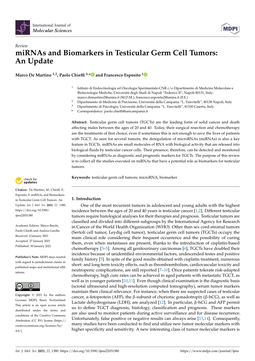 Pdf Mirnas And Biomarkers In Testicular Germ Cell Tumors An Update 