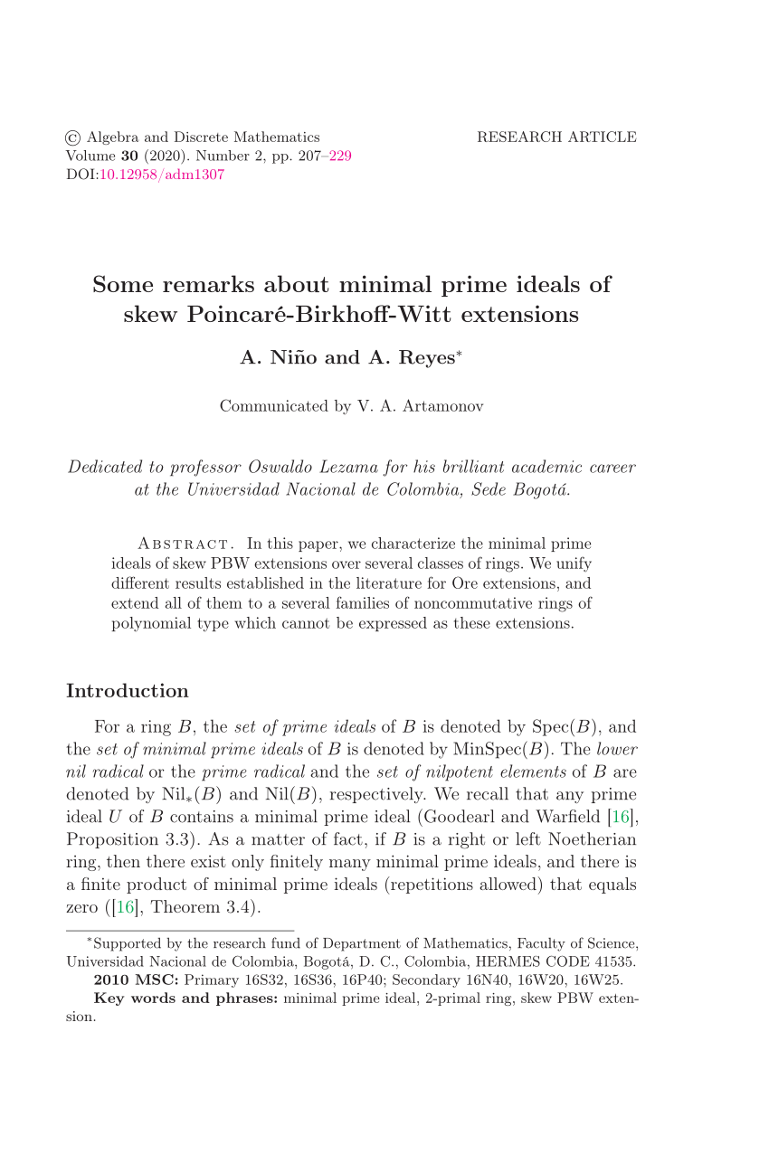 Pdf Some Remarks About Minimal Prime Ideals Of Skew Poincare Birkhoff Witt Extensions
