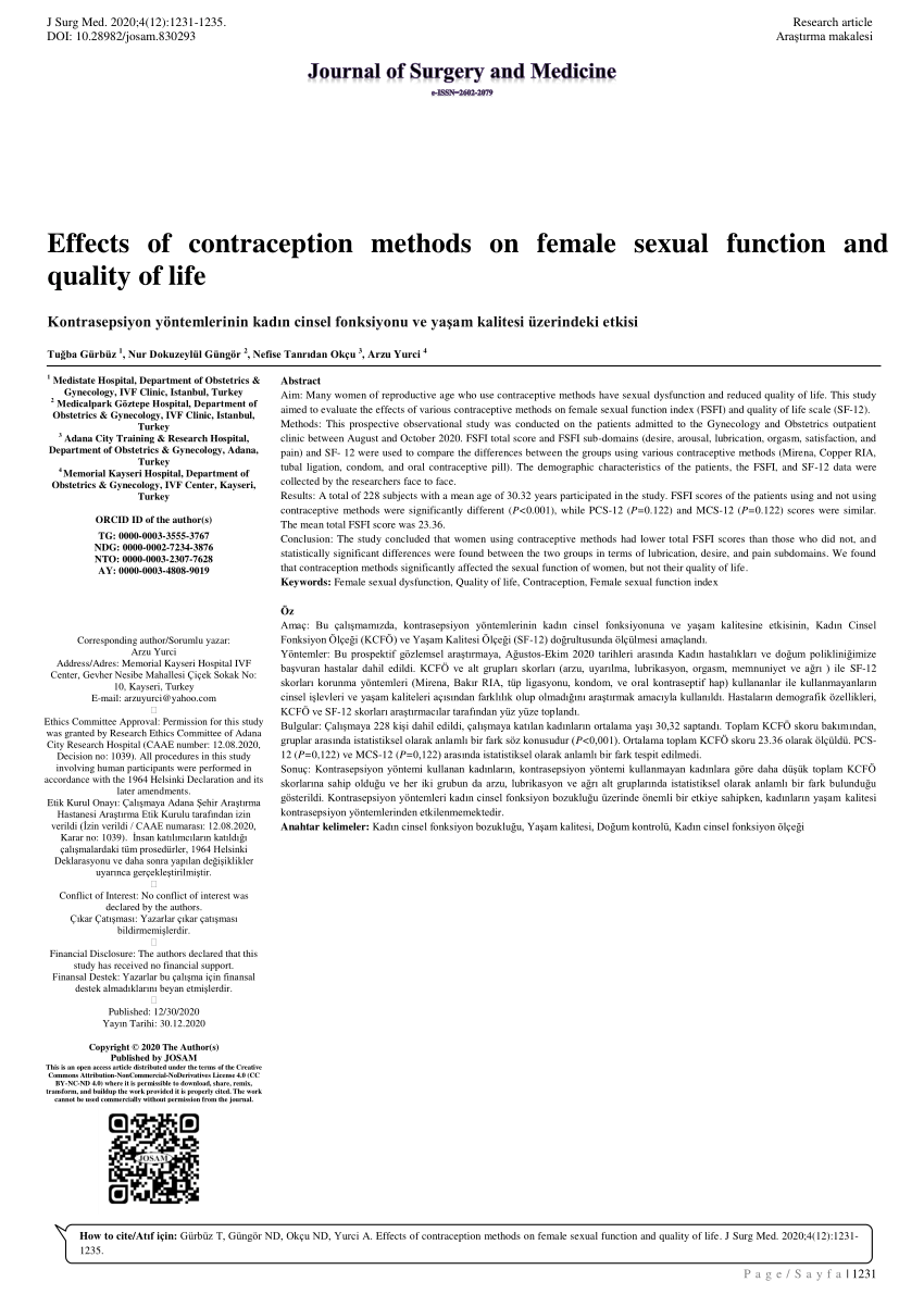 Pdf Effects Of Contraception Methods On Female Sexual Function And Quality Of Life