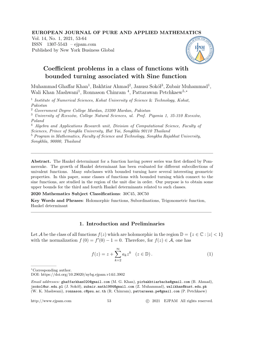 Pdf Coefficient Problems In A Class Of Functions With Bounded Turning Associated With Sine Function