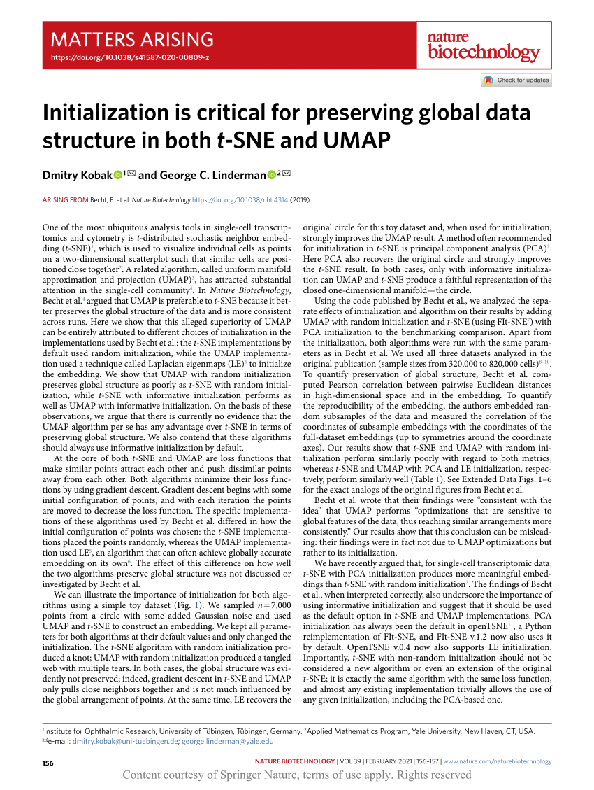 Initialization is critical for preserving global data structure in both t-SNE and UMAP