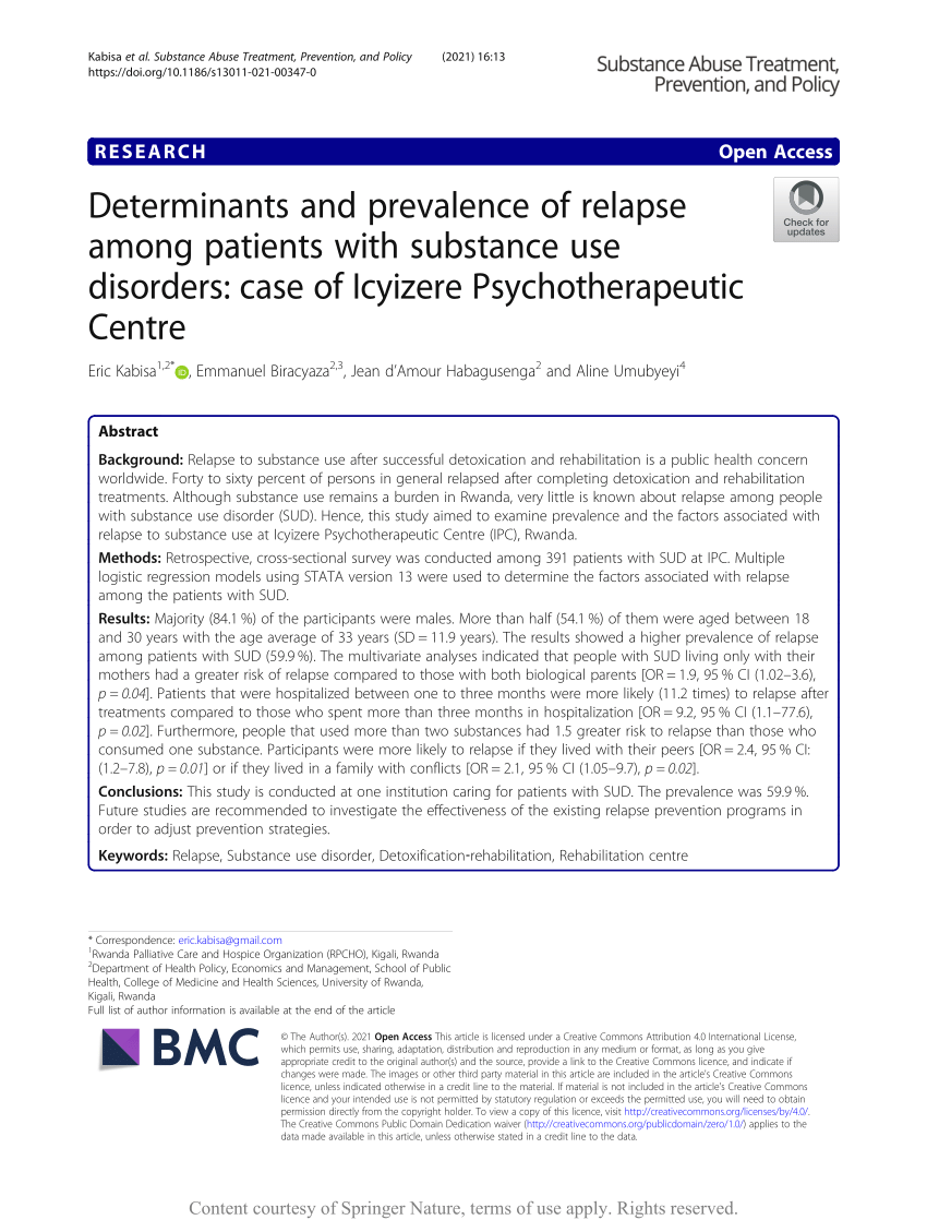 Pdf Determinants And Prevalence Of Relapse Among Patients With Substance Use Disorders Case Of Icyizere Psychotherapeutic Centre