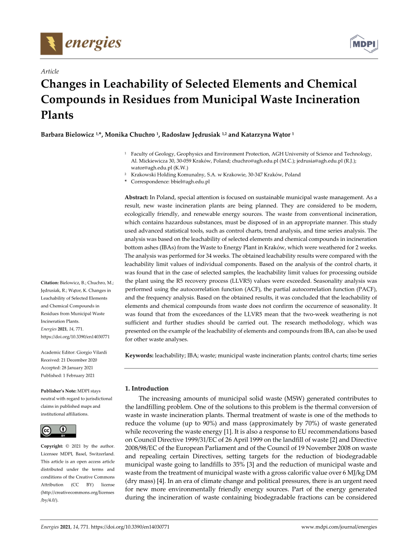 Pdf Changes In Leachability Of Selected Elements And Chemical Compounds In Residues From Municipal Waste Incineration Plants