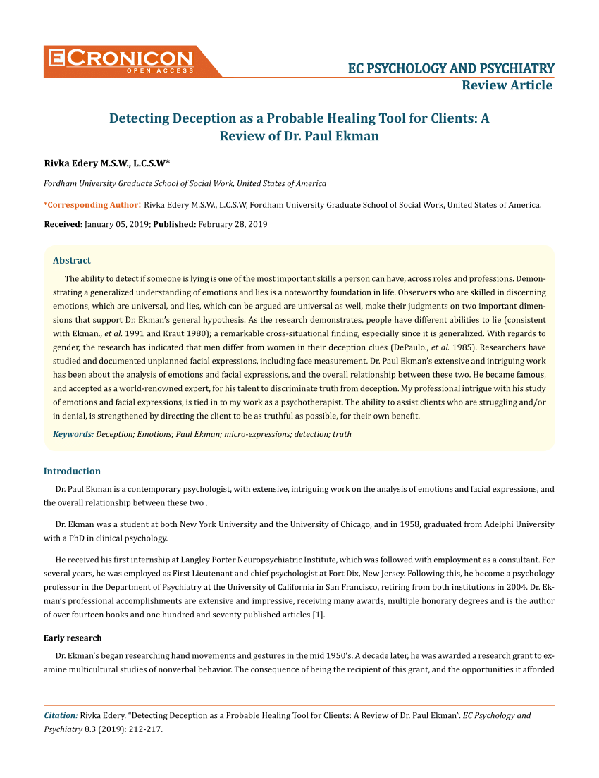 Pdf Ec Psychology And Psychiatry Review Article Detecting Deception As A Probable Healing Tool For Clients A Review Of Dr Paul Ekman