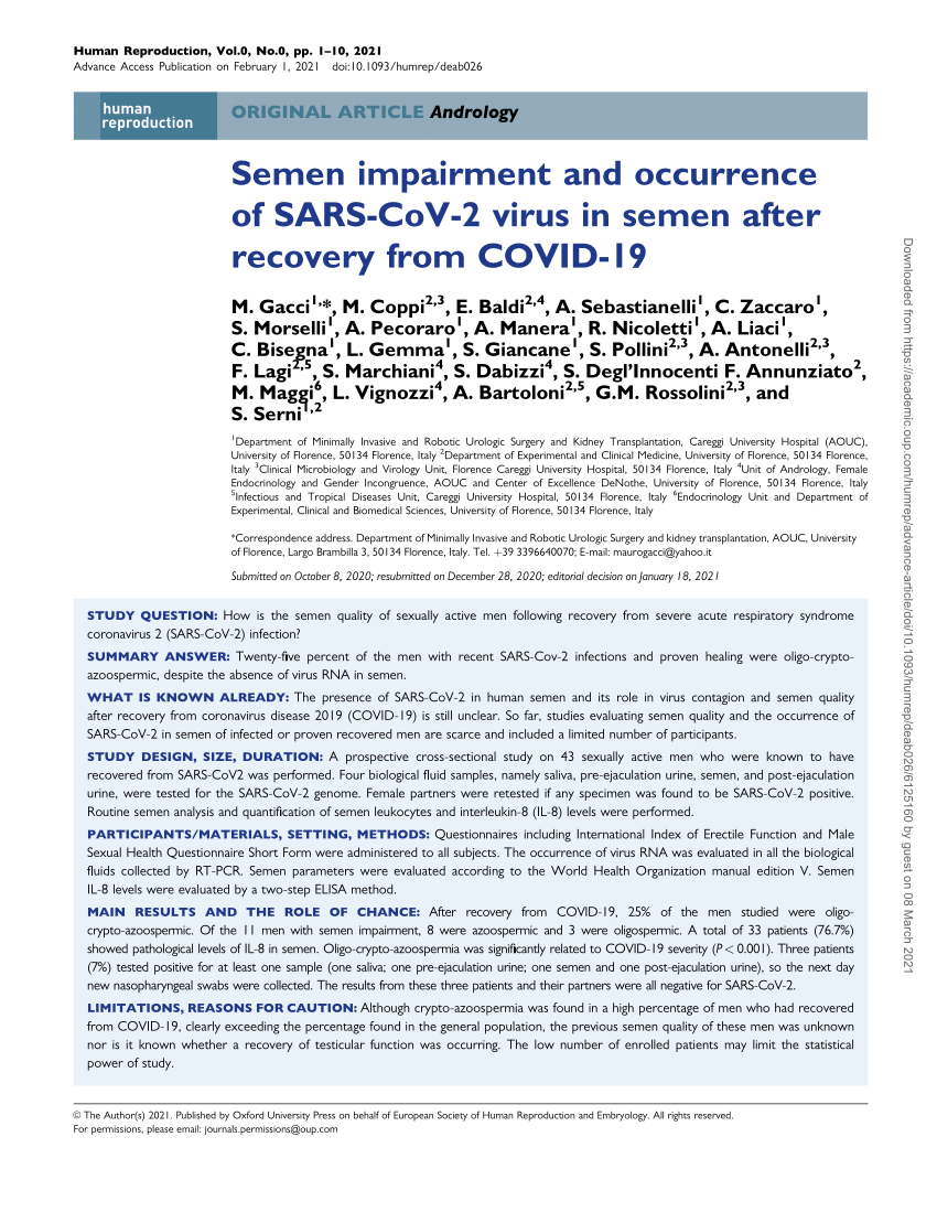 Pdf Semen Impairment And Occurrence Of Sars Cov 2 Virus In Semen After Recovery From Covid 19